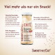 Glasflasche des SmoothieCat-'Ente'-Snacks, deutsche Werbeüberschrift 'Viel mehr als nur ein Snack!', Produktvorteile und '+30.000' sichtbar.