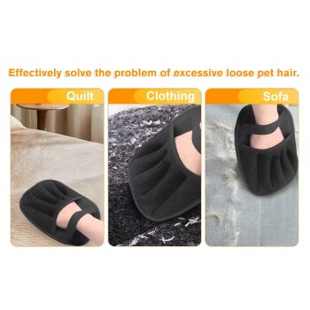 Schwarzer Tierhaarentfernungs-Handschuh zeigt Reinigung von Tierhaaren von Steppdecke, Kleidung und Sofa mit Text „Löst effektiv das Problem von übermäßigem losem Tierhaar“.