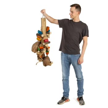 Eine Person hält ein großes, buntes Vogelspeilzeug aus Holz und Kokosnüssen, das verschiedene Formen und Texturen aufweist, ideal für Haustier-Vögel.