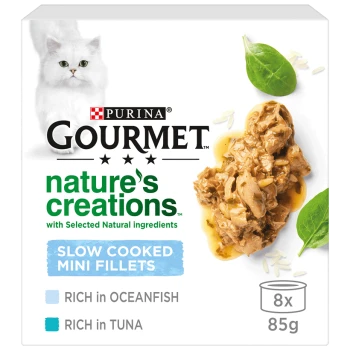 Purina Gourmet Nature's Creations cat food packaging featuring slow cooked mini fillets, rich in oceanfish and tuna, with a white cat image.
