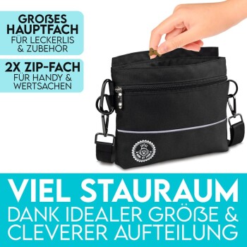 Schwarze Haustier-Zubehörtasche mit einer Hand, die einen Leckerbissen hineinlegt, mit Text über geräumige Fächer für Leckereien und Wertsachen.