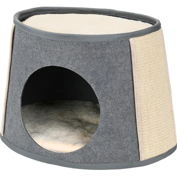 Szara jaskinia dla zwierząt z okrągłym wejściem, miękkim beżowym wnętrzem i teksturowanym bokiem do drapania.