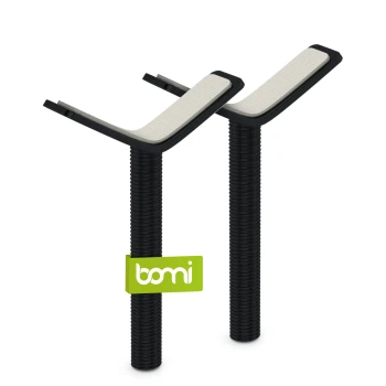 Schwarzes und weißes Haustierpflegewerkzeug mit strukturiertem Griff, das ein grünes "bomi"-Logo auf einem Etikett zeigt.