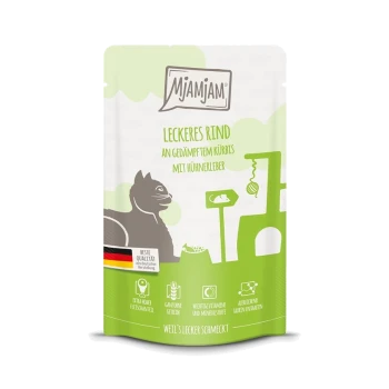 Mjamjam Katzenfutterbeutel mit 'Leckeres Rind an gedämpftem Kürbis mit Hühnleber', mit einer verspielten Katzen-Grafik und deutschem Text.