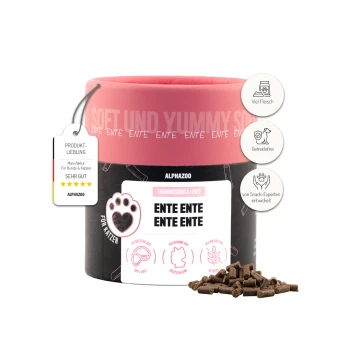 Weicher und leckerer Trainingssnack für Katzen, mit Ente als Hauptzutat, mit einem Etikett, das hohen Fleischgehalt und Getreidefreiheit anzeigt.