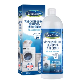 Bactador laundry rinse bottle and box labeled "Wäschespülung Geruchsentferner", odour remover, 1 Liter, 20 washes