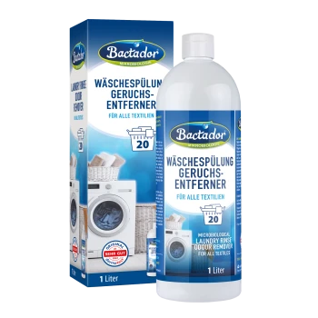 Bactador laundry rinse bottle and box labeled "Wäschespülung Geruchsentferner", odour remover, 1 Liter, 20 washes