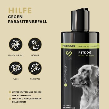 Schwarze Flasche von Peticare Petdog Health 2104 mit dem Profil eines Hundes, mit Symbolen für Schädlingsbekämpfung und Text über Hautpflege und Geruchsbeseitigung.