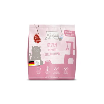 Rosa MJAMJAM Kitten-Futterbeutel mit der Aufschrift 'KITTEN FRISCHES GEFLÜGELFLEISCH', deutscher Flagge, 'Mit Frischfleisch'-Kennzeichnung und Katzensilhouette.