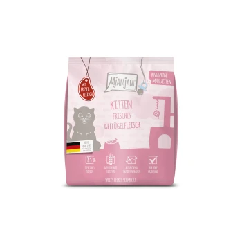 Rosa MJAMJAM Kitten-Futterbeutel mit der Aufschrift 'KITTEN FRISCHES GEFLÜGELFLEISCH', deutscher Flagge, 'Mit Frischfleisch'-Kennzeichnung und Katzensilhouette.