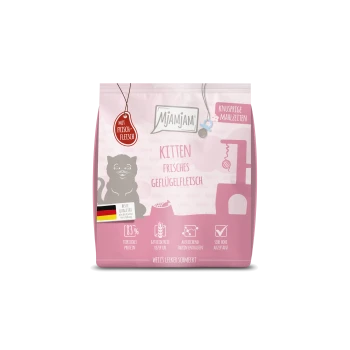 Rosa MJAMJAM Kitten-Futterbeutel mit der Aufschrift 'KITTEN FRISCHES GEFLÜGELFLEISCH', deutscher Flagge, 'Mit Frischfleisch'-Kennzeichnung und Katzensilhouette.