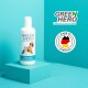 Flasche mit GREEN HERO Floh- und Zecken-Shampoo für Haustiere, mit einer Katze und einem Hund auf dem Etikett, mit "Made in Germany" Emblem.