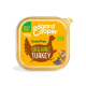 Nourriture pour chiens Edgard Cooper bio à la dinde, 100g, sans céréales, avec un dindon en dessin animé et des illustrations d'un chien et d'un lion.