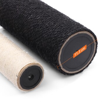 Zwei Rollen aus natürlichem Sisal-Seil, eine schwarz und eine beige, mit einer Anzeige von 11,3 cm auf dem Etikett der schwarzen Rolle.