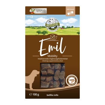 Weiche Snackverpackung für Hunde mit der Aufschrift 'Emil Mobility' von Bellfor, mit einem Fenster, das die Leckereien im Inneren zeigt, mit Text in Deutsch und Englisch.
