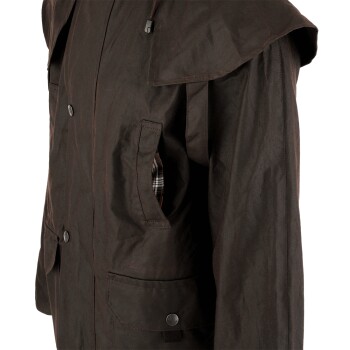 Dunkelbraune gewachste Baumwoll-Hundespazierjacke mit mehreren Taschen und kariertem Futter, sichtbar in der Innentasche.