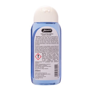 Bottle of Johnson's Puppy & Kitten Shampoo, 200ml, with directions for use, safety warnings, and ingredients listed on the back.