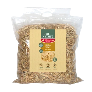 Eine transparente Tüte mit goldenem Stroh, beschriftet mit "Real Nature" und "Golden Straw" auf Deutsch sowie Icons für Qualität und Vorteile.