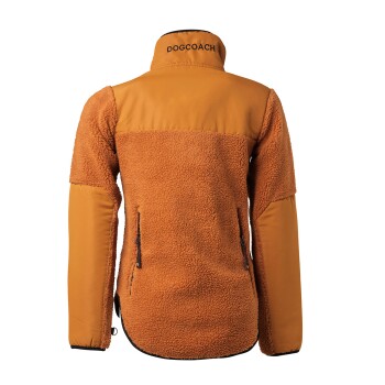 Rückansicht einer warmen, orangefarbenen Hundetrainingjacke mit einem Fleece-Körper und glatten Ärmeln, mit dem Text 'DOGCOACH' auf dem Kragen.