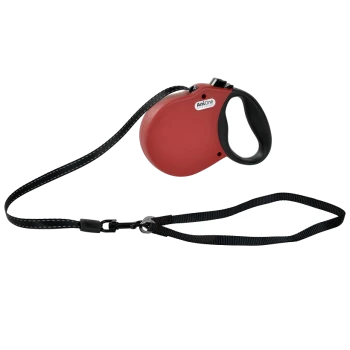 Red retractable dog leash with a black strap and ergonomic handle, featuring the AniOne logo.