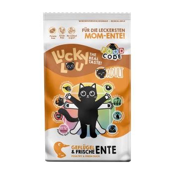 Wiederverwendbarer Tierfutterbeutel mit einer Cartoon-schwarzen Katze, beschriftet mit "Lucky Lou", mit "Geflügel & Frische Ente" und dem Anspruch, getreidefrei zu sein.