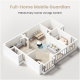3D-Layout eines modernen Hauses mit einem robotischen Gerät, das patrouilliert, beschriftet mit "Full-Home Mobile Guardian" und "App-gesteuerte Patrouille."