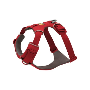 Rotes Hundegeschirr mit verstellbaren Riemen und einem gepolsterten Brustbereich, mit einem Metall-D-Ring zur Leinenbefestigung.
