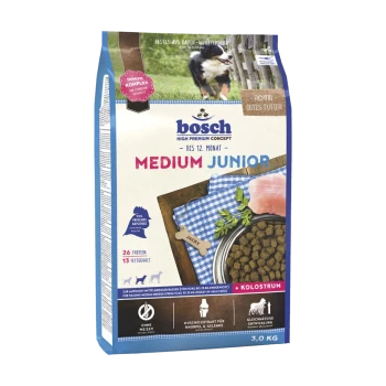 Bosch Medium Junior Hundefutterbeutel, 3,0 kg, mit einem Foto eines Hundes, Nährwertinformationen einschließlich 26 % Protein, 13 % Fett und Ansprüchen auf Gelenkunterstützung.