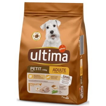Sac marron de nourriture pour chiens Ultima pour petits chiens adultes de moins de 10 kg, avec un chien blanc sur le devant, taille 7 kg, et des promesses d'ingrédients de haute qualité.