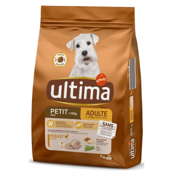 Sac marron de nourriture pour chiens Ultima pour petits chiens adultes de moins de 10 kg, avec un chien blanc sur le devant, taille 7 kg, et des promesses d'ingrédients de haute qualité.