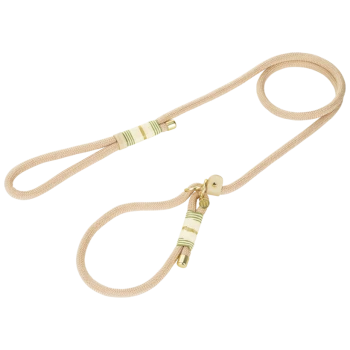 Laisse coulissante pour chien en corde beige avec accents rayés verts et blancs et ferrures dorées.