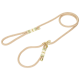 Beige rope slip dog leash with green and white striped accents and gold hardware.