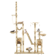 Ein großer Katzenbaum mit mehreren Ebenen und Plattformen, auf dem sechs Katzen entspannen und spielen.