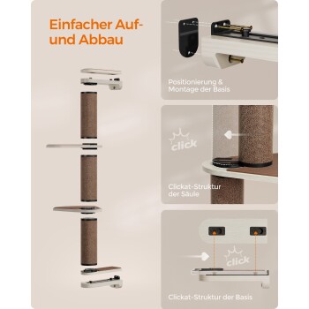 Bild einer modularen Katzenbaum-Montage, mit beschrifteten Komponenten für eine einfache Einrichtung, einschließlich einer Klickstruktur für die Basis und den Pfosten.