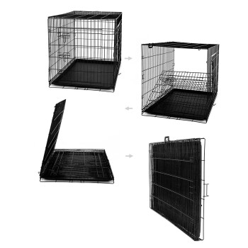 Schwarze Metall-Haustierbox, die in vier Phasen gezeigt wird: vollständig montiert, teilweise geöffnet, flach zur Aufbewahrung und aufrecht für den einfachen Transport.