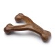 A brown, Y-shaped dog chew toy with rounded ends, featuring the embossed text "BONE" on one side.
