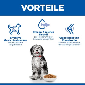 Vorteile von Hundefutter: effektiver Gewichtsverlust, omega-3-reiches Fischöl für Gelenkbeweglichkeit, Glucosamin und Chondroitin für die Gelenkgesundheit.