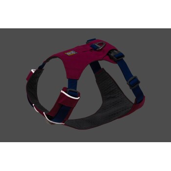 Ein kastanienbraunes Hundegeschirr mit blauen Riemen und einem gepolsterten Innenraum, mit einem Metall-D-Ring zur Leinenbefestigung.