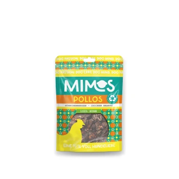 Un sac à friandises pour animaux coloré étiqueté "MIMOS POLLOS" avec des cœurs de poulet, présentant une silhouette jaune de chien et le texte "EINE TÜTE VOLL HUNDELIEBE."