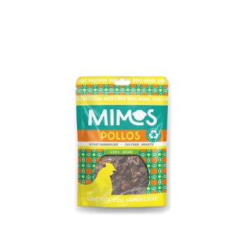 Un sac à friandises pour animaux coloré étiqueté "MIMOS POLLOS" avec des cœurs de poulet, présentant une silhouette jaune de chien et le texte "EINE TÜTE VOLL HUNDELIEBE."
