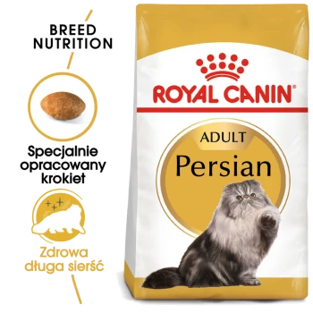 Torba z karmą dla dorosłych kotów perskich Royal Canin z ilustracją puszystego kota perskiego i tekstem o odżywianiu dla zdrowego długiego futra.