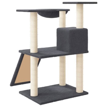 Ein mehrstöckiger Katzenbaum in Dunkelgrau mit beigen Kratzpfosten, mit einer gemütlichen oberen Plattform, einem würfelförmigen Versteck und einer seitlichen Rampe.
