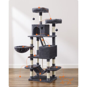 Grauer mehrstöckiger Katzenbaum mit zwei Plattformen, einer gemütlichen Hängematte, Kratzpfosten und einem kleinen Versteck, entworfen für verspielte Katzen.