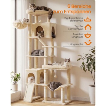 Beiger mehrstufiger Kratzbaum mit mehreren Katzen; deutscher Text: "6 Bereiche zum Entspannen" und eine Funktionsliste rechts.