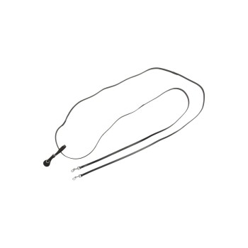 Schwarze doppelte Hundeleine mit einem einzelnen Griff und zwei Clips am Ende, flach auf einem weißen Hintergrund ausgelegt.