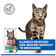 Gestreepte kat met rood halsbandje likt zijn lippen naast een Hill's Perfect Weight kattenvoerzak; blauwe banner: 'KLINISCH BEWEZEN...GEZOND GEWICHT'.