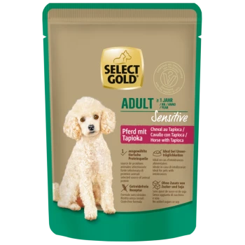 Wählen Sie Gold Adult Sensitive Hundefutter mit Pferd und Tapioka, getreidefrei, ohne Zuckerzusatz oder Soja, für Hunde über 1 Jahr.