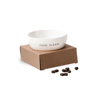 Eine weiße Haustierfutterschüssel mit dem Text "FOOD, PLEASE." steht auf einer braunen Pappe, umgeben von verstreutem Haustierfutter.