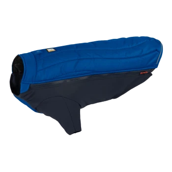Eine blaue und marinefarbene Hundejacke mit einem Reißverschluss, entworfen für Wärme und Komfort, vor einem weißen Hintergrund präsentiert.
