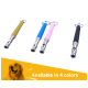 Vier bunte Hundepfeifen in Gelb, Blau, Pink und Schwarz, mit einem Bild eines Golden Retrievers und dem Text "Erhältlich in 4 Farben."